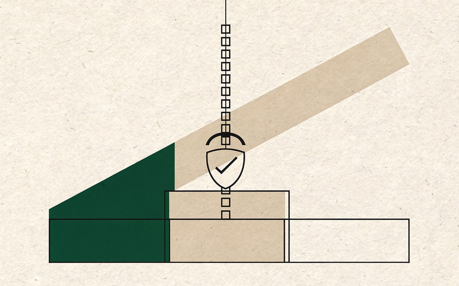 Abstract geometric illustration: a column of small squares descends a construction line past a shield bearing a check mark and sorts into three stepped trays (forest green, sand, and outlined ink) on warm paper
