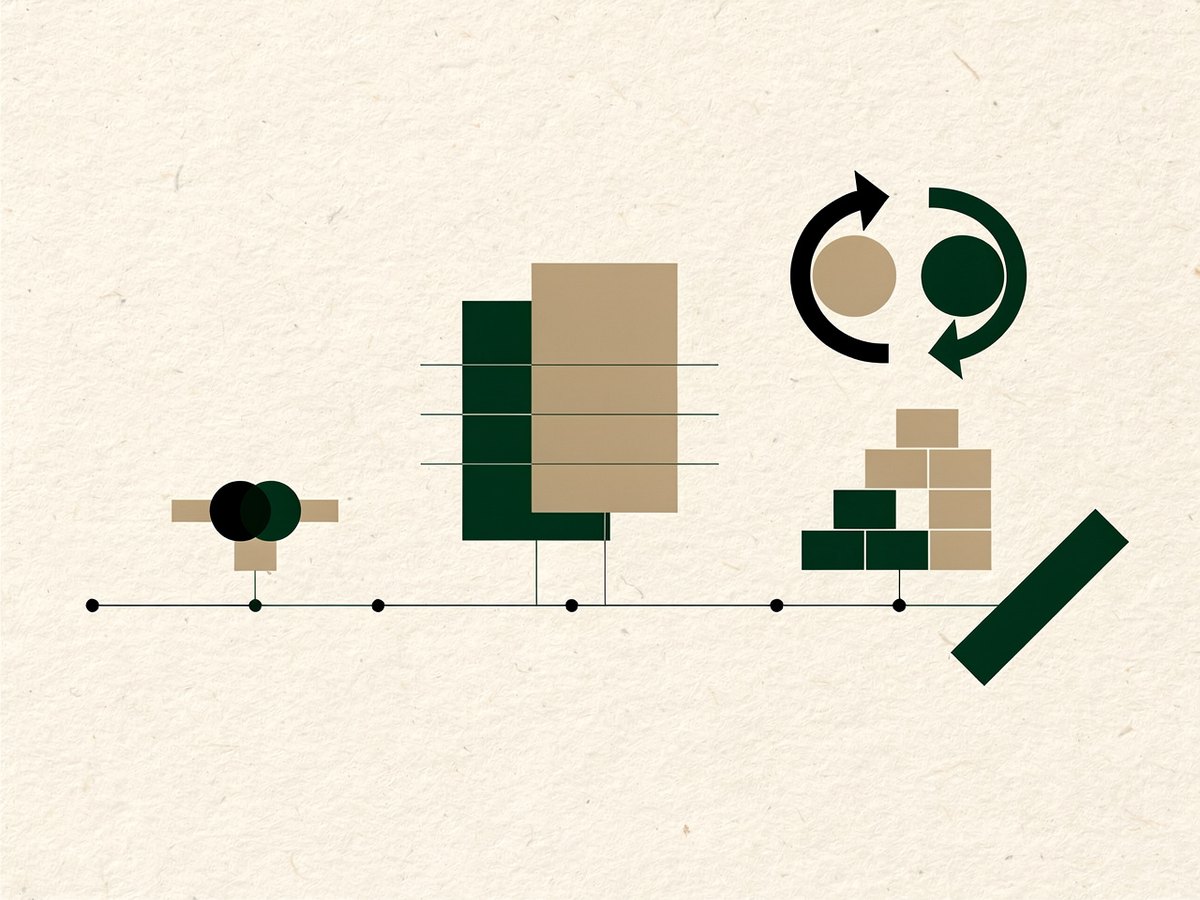Abstract geometric illustration of a three-step flow resting on one baseline rule: a plug formed from two circles and a bar, two overlapping planes linked by mapping lines, and circular sync arrows above a tiered stepped chart, in ink, forest green and sand on warm paper