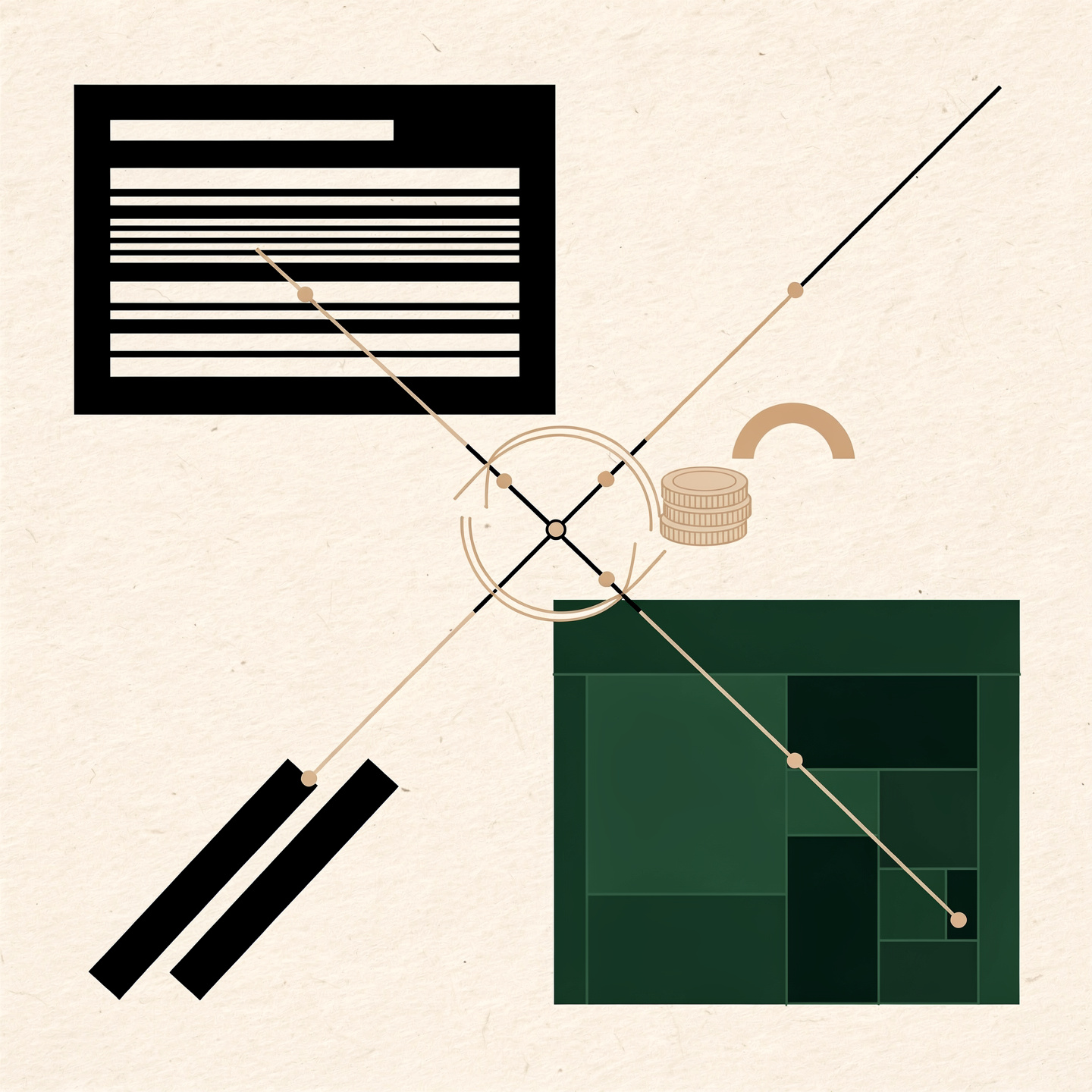 Abstract geometric illustration: an ink-black supplier feed panel of stacked list rows and a forest-green storefront panel joined diagonally by node-dotted construction lines meeting in a central sync loop, with sand coin discs, a progress arc and a double-slash motif on warm paper